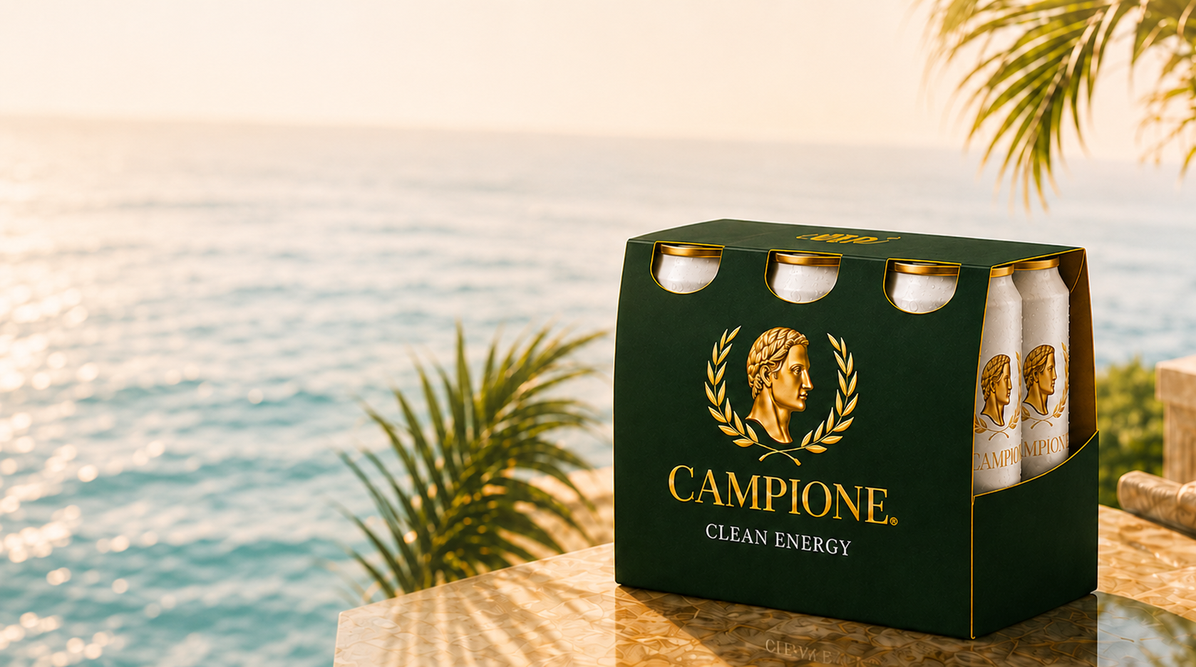 Campione 6-pack of clean energy beside palm leaves