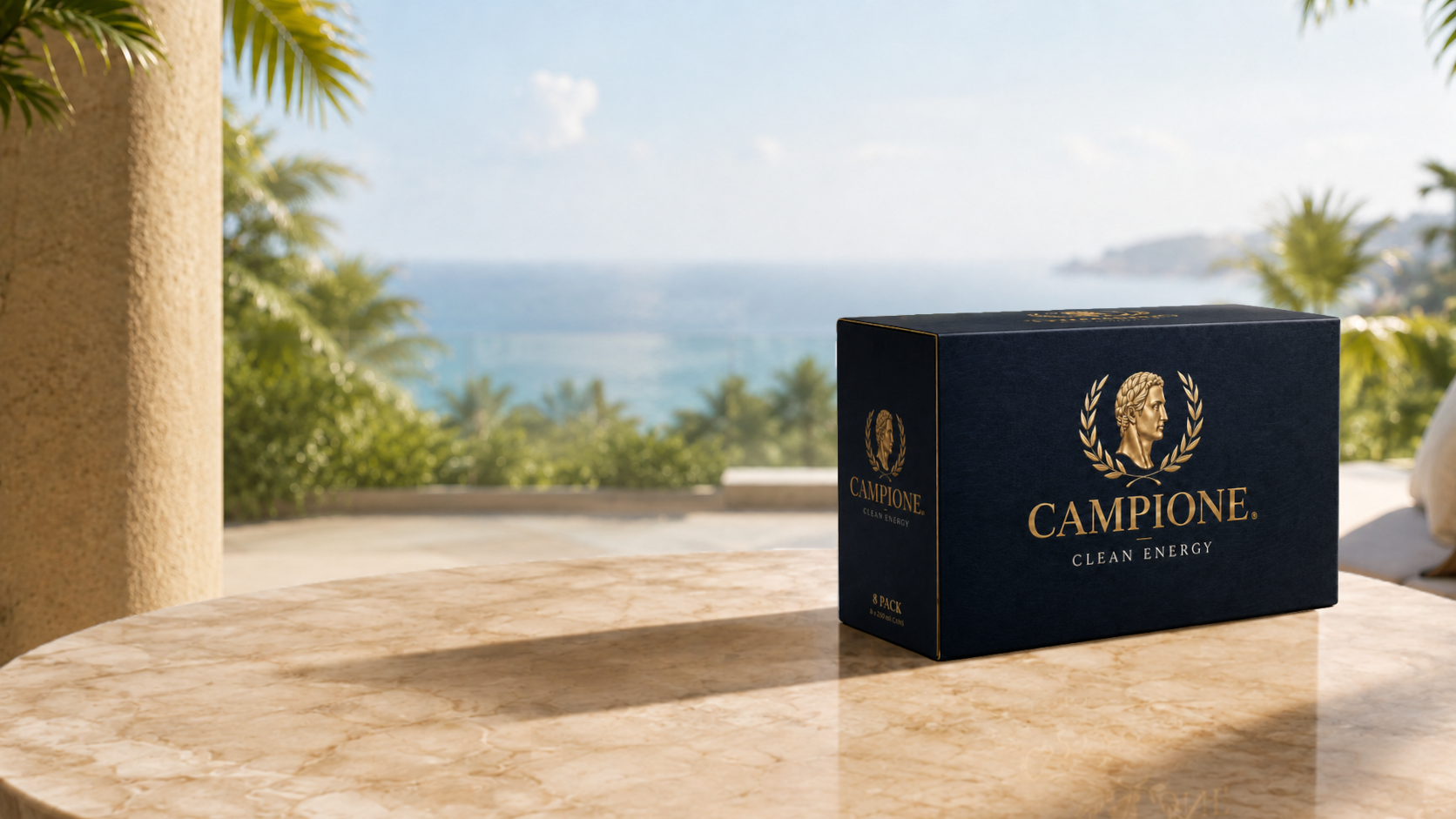 Campione dark pack on a stone terrace overlooking the ocean
