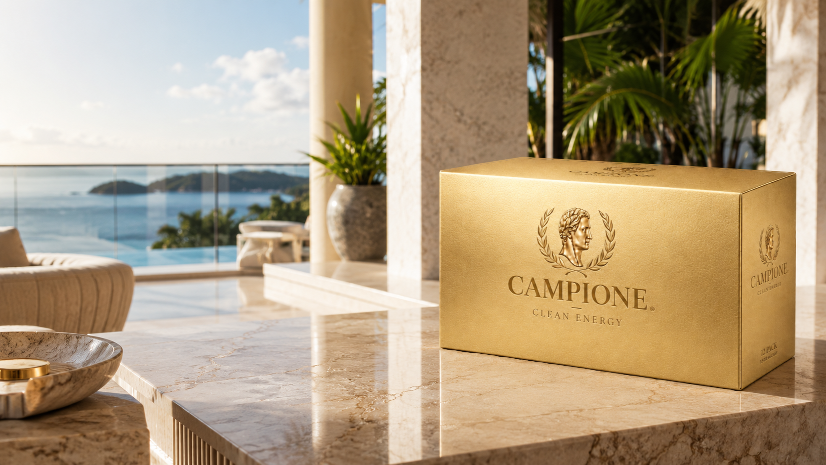 Campione gold pack on a marble terrace overlooking the ocean